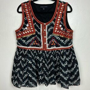 Indigo Moon Bohemian Festival Embroidered Beaded Coin Detailing Top Size L